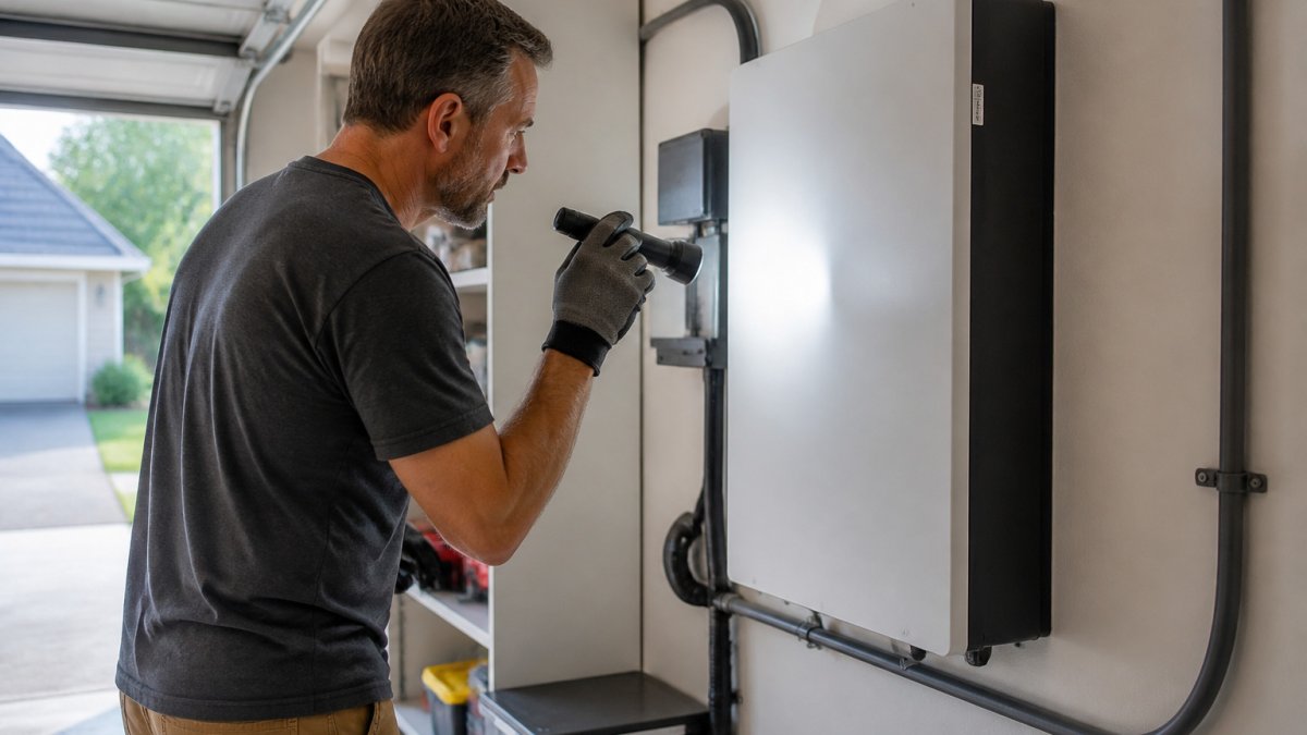 Homeowner wearing work gloves using a flashlight to inspect a wall-mounted unit for solar battery safety.