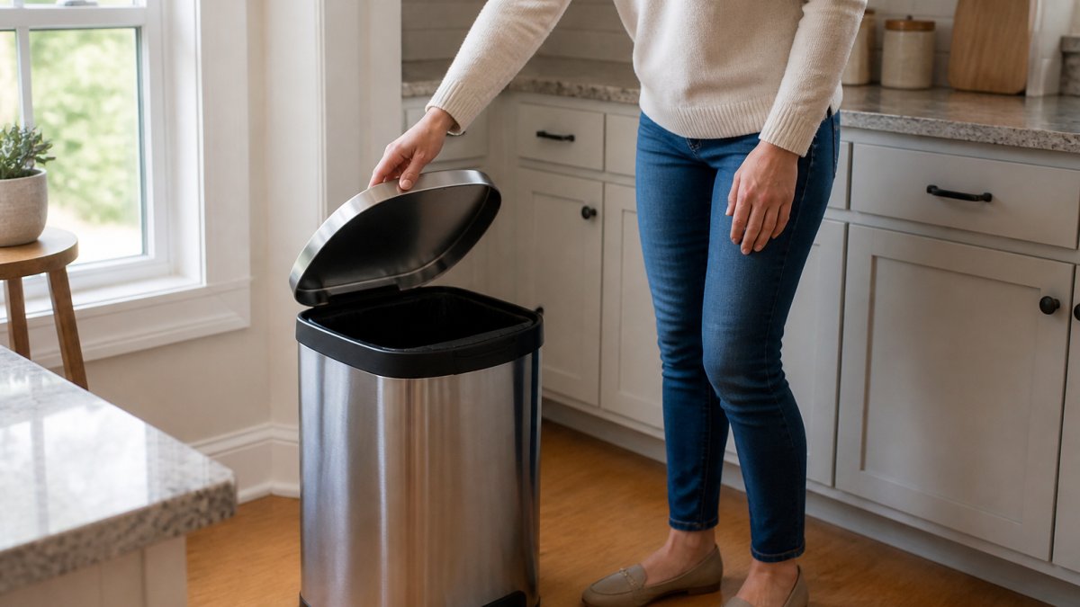 Diagram showing how a sealed stainless steel trash can keeps ants out of a kitchen area