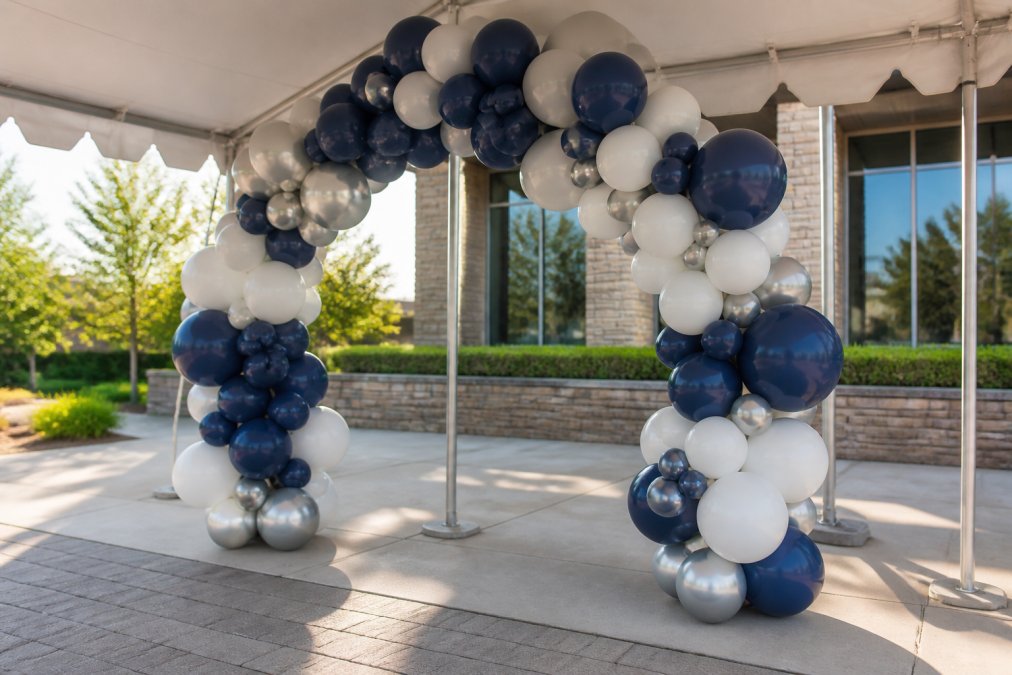 Professional outdoor balloon arch installation in bright daylight, showing UV-protected balloons arranged with strategic shade positioning and protective covering visible