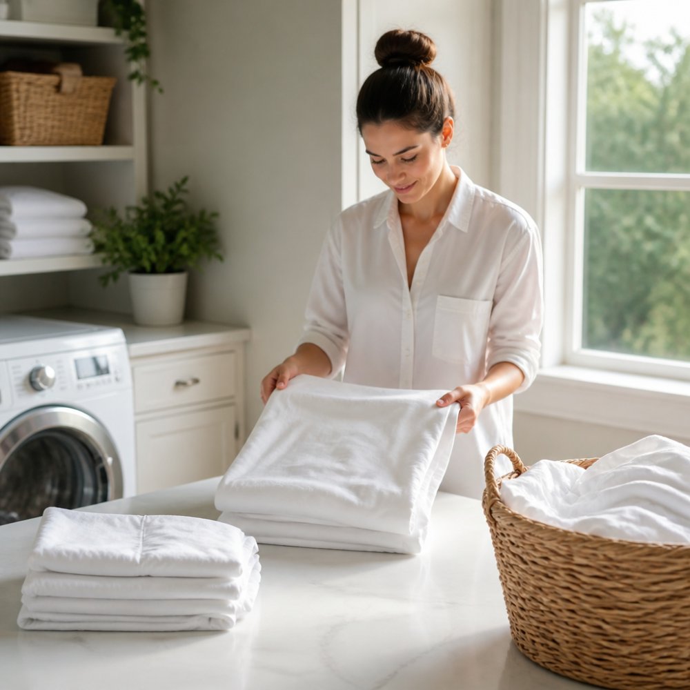 A woman carefully folding crisp white sheets in a sunlit laundry room to help keep bedding bright and fresh.