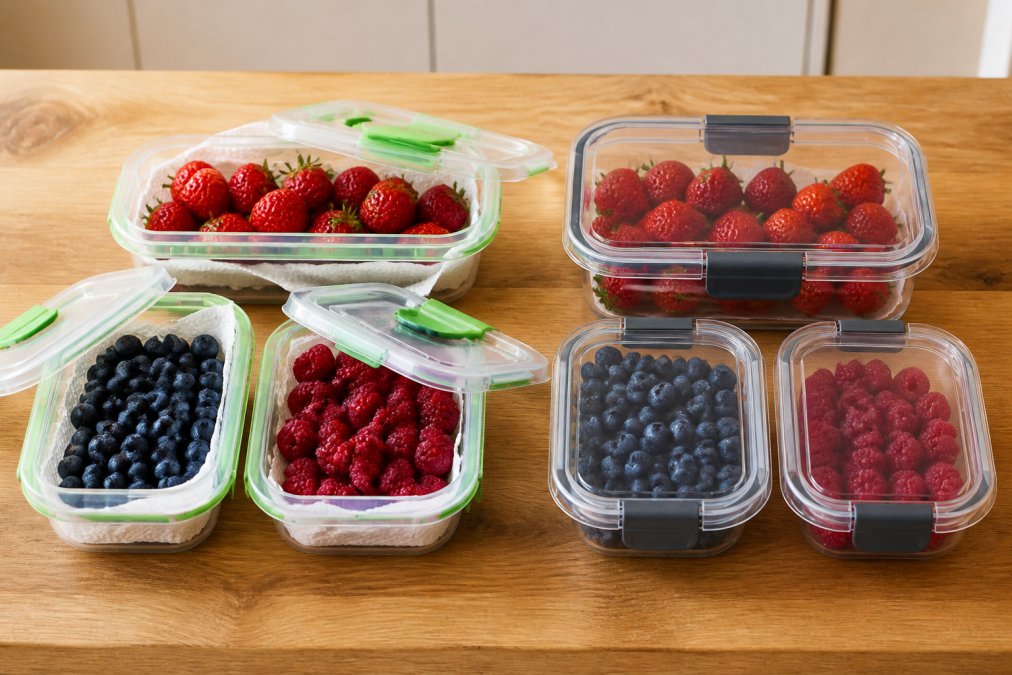 Overhead shot of several food storage containers on a wooden kitchen counter, some filled with fresh blueberries, raspberries, and strawberries layered on paper towels, lids slightly ajar to show breathable design