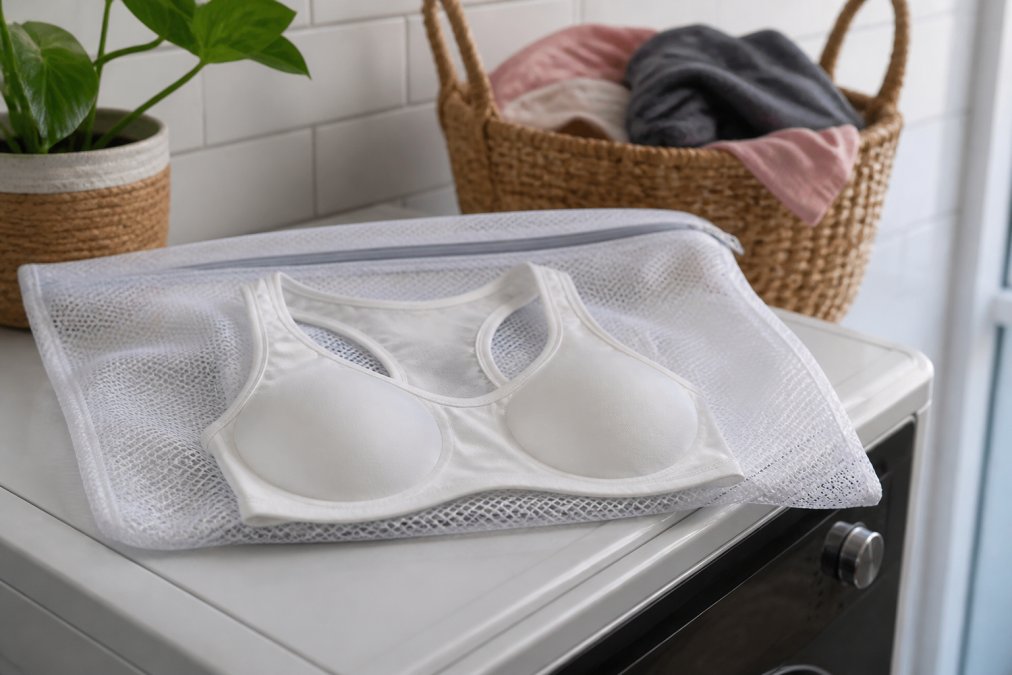 A white sports bra with visible cup pockets positioned inside a fine-mesh laundry bag on top of a washing machine, ready for a delicate cycle wash in a bright, modern laundry room