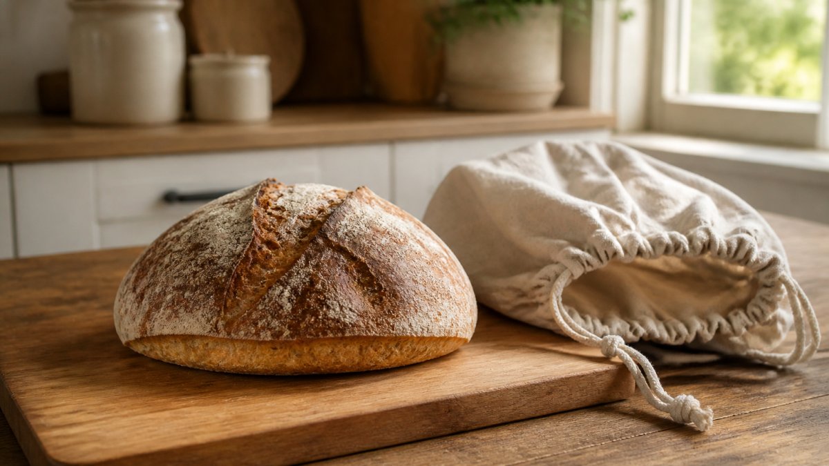 Sourdough boule on a wooden board next to a linen bread bag in a sunlit kitchen
