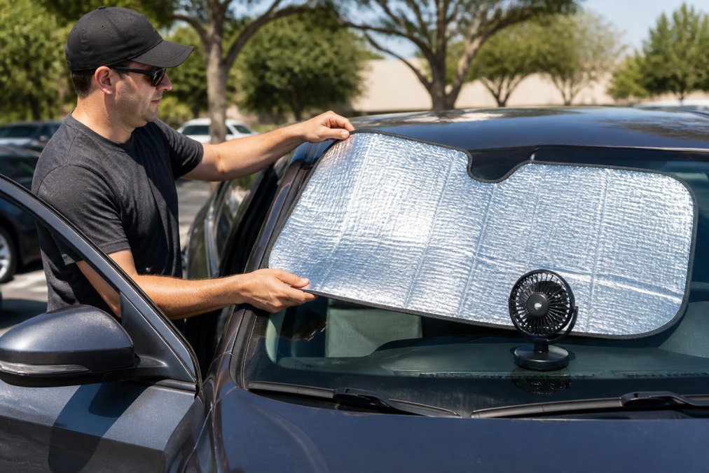 Person placing a reflective silver sunshade on a windshield to keep the car interior cool on a sunny day