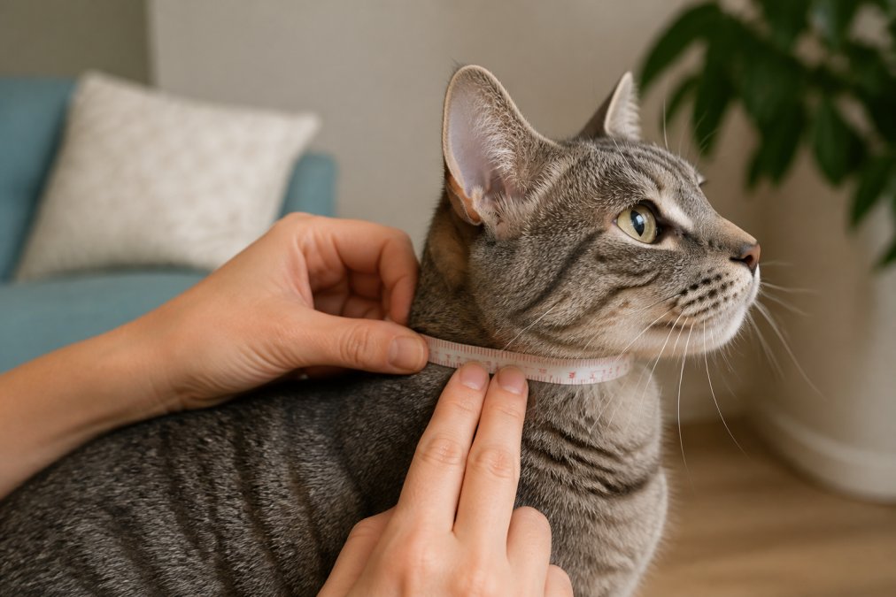 Close-up of a soft measuring tape positioned around a cat's neck, showing the two-finger space gap for proper fit with natural indoor lighting
