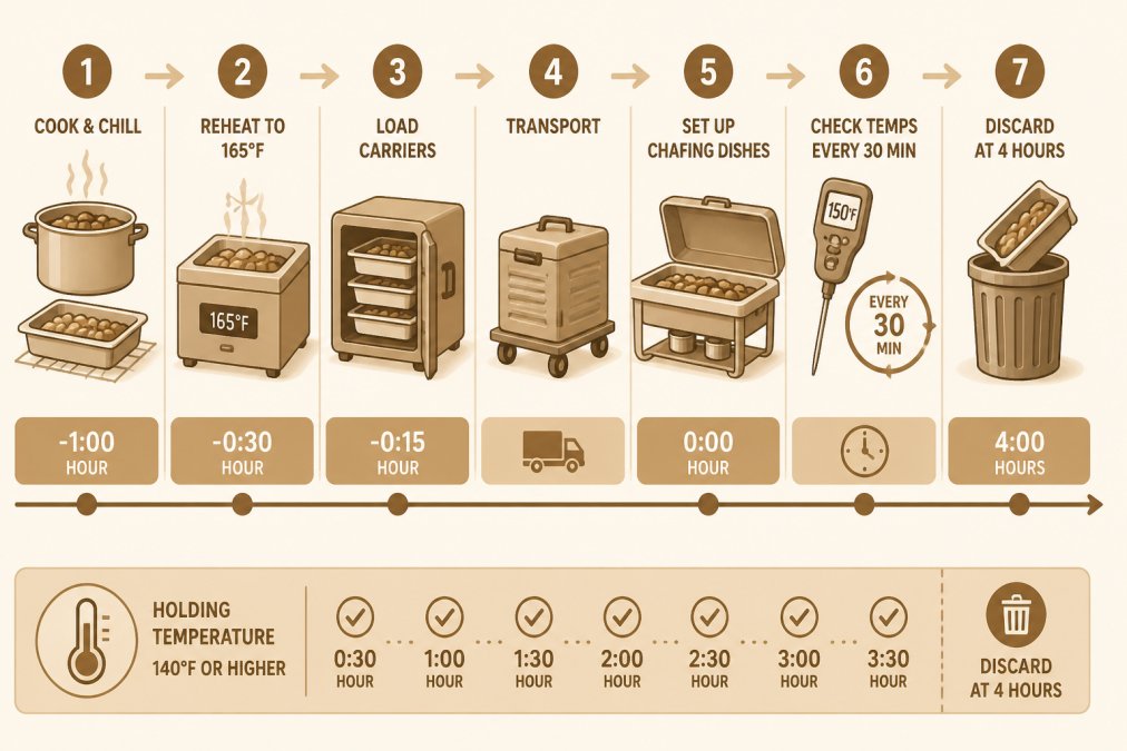 Infographic showing the timeline for keeping catering food hot from initial reheating to safe service protocols.