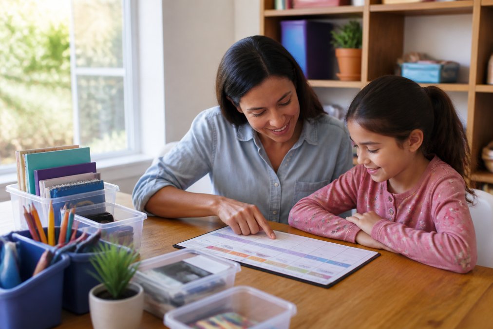 Parent and child sitting together at a wooden desk with a colorful weekly planner visible, learning materials organized in clear containers, natural sunlight streaming through a window, both smiling while reviewing the study schedule