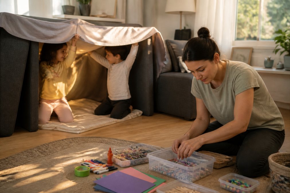Two children building a blanket fort with a parent nearby to help keep children engaged in creative indoor play.