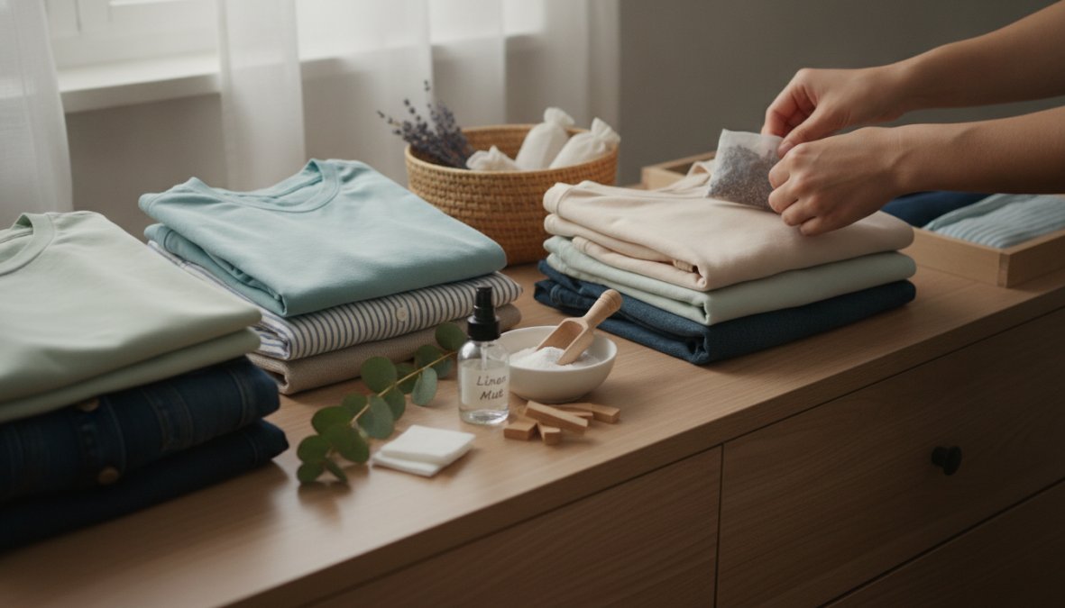 Close-up of organized dresser drawer with neatly folded clothes, cedar blocks, activated charcoal sachets, and lavender scent pouches arranged among garments