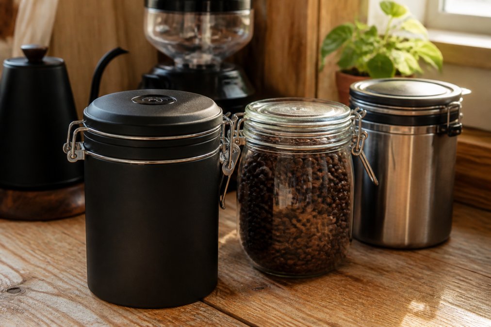 Close-up of several coffee storage containers on a wooden countertop, including a matte ceramic canister with a one-way valve lid and a sealed glass jar with whole coffee beans visible inside, lit by warm natural morning light