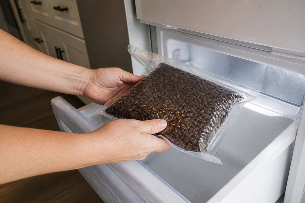 Hands placing a sealed, labeled vacuum-sealed bag of whole coffee beans into a clean freezer drawer, with frost-free interior visible in the background, under bright kitchen lighting