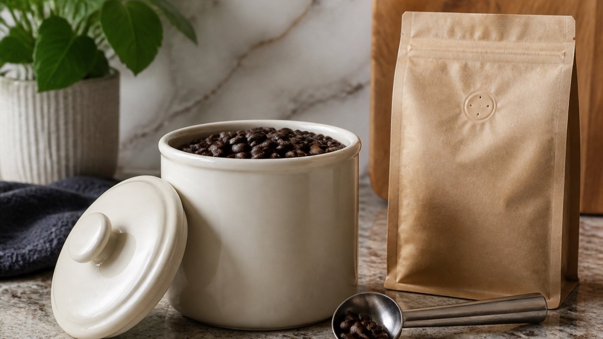 Opaque ceramic canister and valve bag filled with fresh coffee beans on a kitchen counter with a metal scoop.