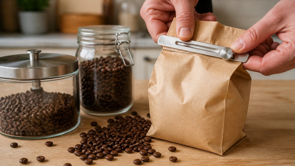 Close-up of a hand sealing a coffee bag with a stainless steel clip, with fresh coffee beans visible spilling slightly onto a light wooden kitchen counter