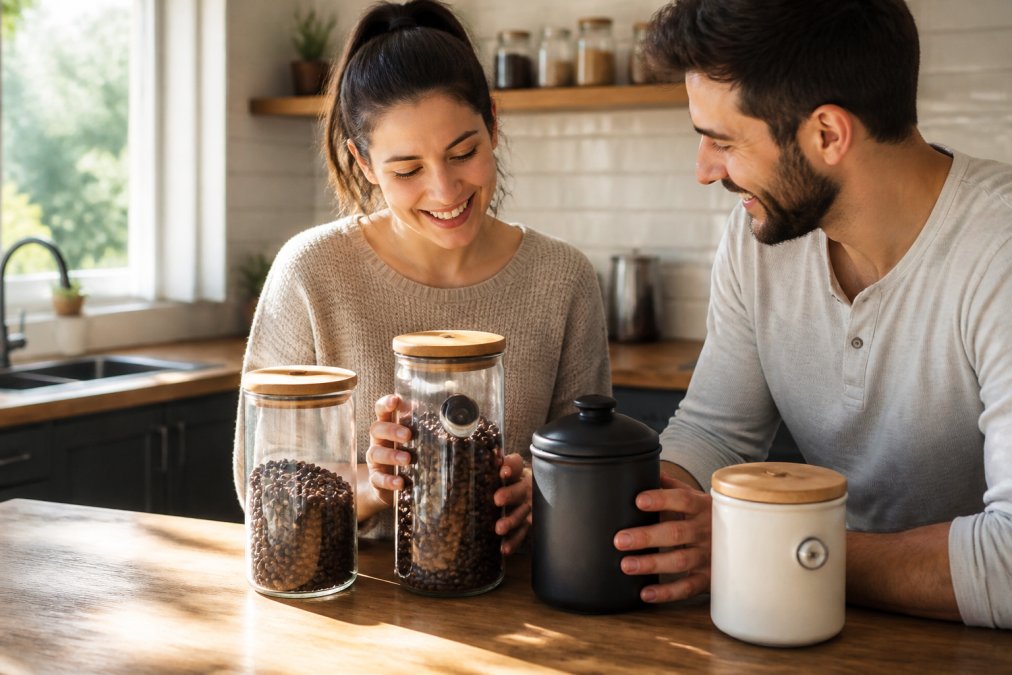Close-up of various airtight coffee storage containers on a kitchen counter, including glass jars with one-way degassing valves and opaque ceramic canisters, with whole coffee beans visible inside, natural morning sunlight on the counter
