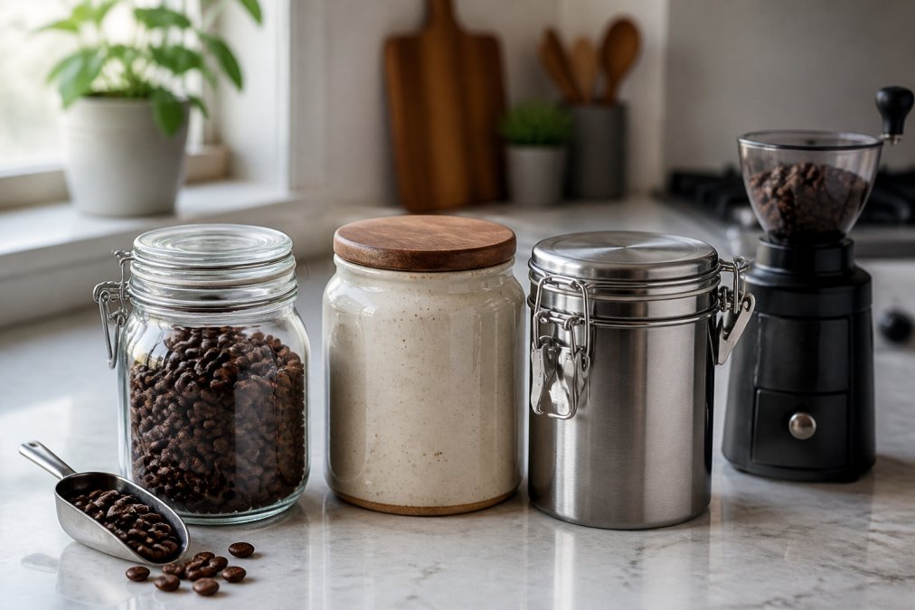 A bright kitchen counter with three different airtight coffee storage containers: a clear glass jar, a ceramic canister, and a stainless steel container, each filled with whole coffee beans, with a small burr grinder nearby