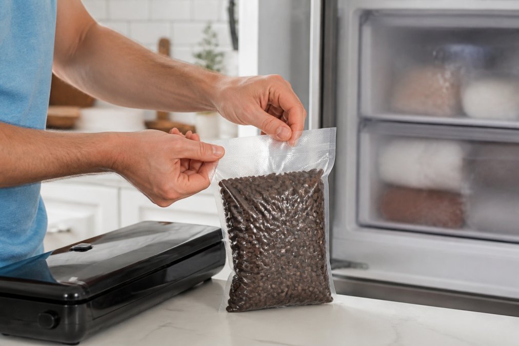 Coffee beans being sealed in a vacuum-sealed freezer bag with proper preparation, showing hands working with the bag and a frost-free freezer in the background