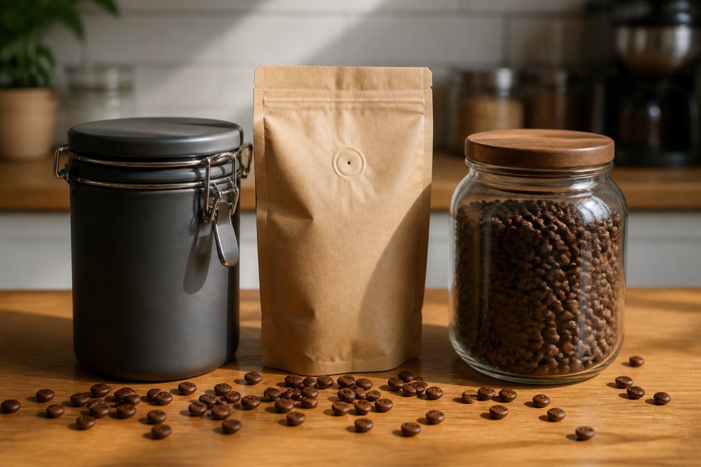 Close-up of three coffee storage containers on a wooden kitchen counter, a matte ceramic airtight canister with a locking lid, a kraft paper one-way valve bag, and a clear glass jar, with scattered whole coffee beans around them under warm natural light