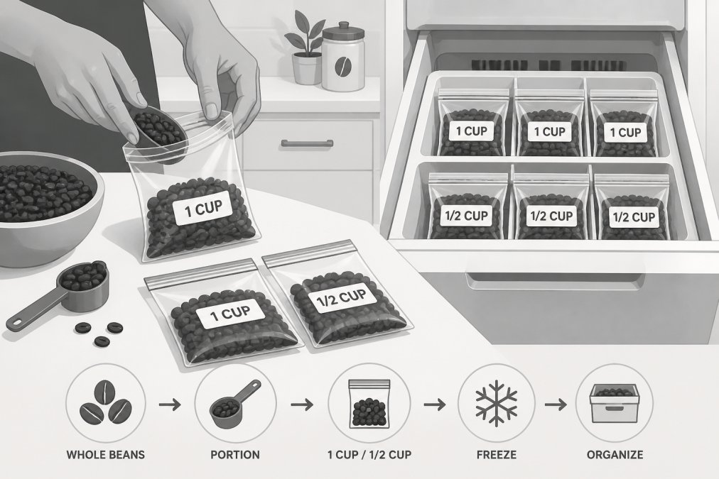 Hands carefully portioning whole coffee beans into small labeled zip-lock bags on a clean white kitchen counter, with a freezer drawer open in the background showing organized rows of similar bags, under bright overhead kitchen lighting