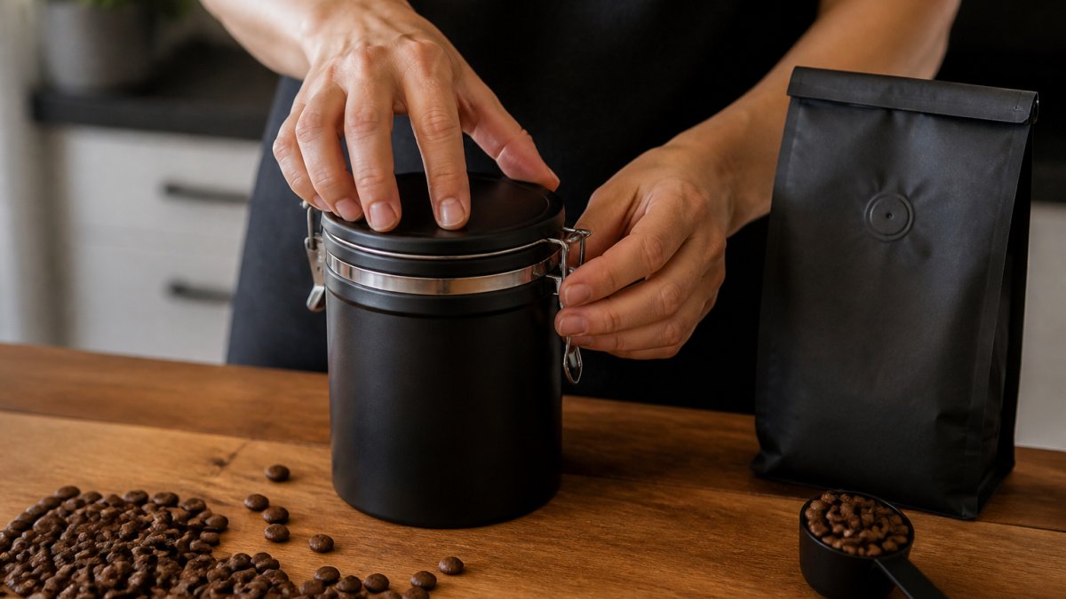 Close-up of hands sealing an opaque airtight coffee canister on a kitchen counter, with whole coffee beans scattered nearby and a one-way valve bag in the background