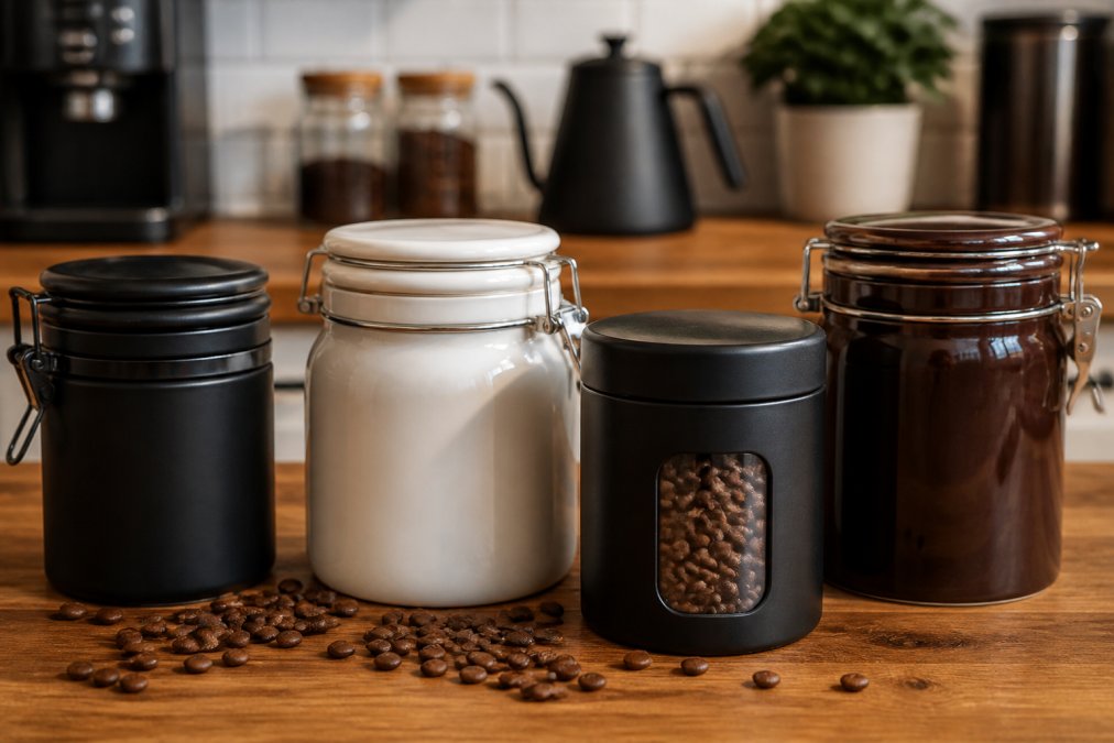 Close-up of several airtight coffee storage containers in ceramic and opaque matte finishes arranged on a wooden kitchen counter, with whole coffee beans scattered nearby