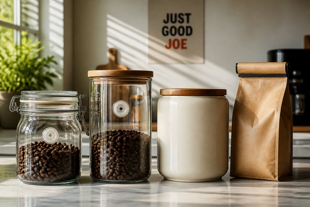 Close-up of several coffee storage containers lined up on a bright kitchen counter, including airtight glass canisters with one-way valves, an opaque ceramic container, and an original coffee bag with rolled top, morning light streaming across them