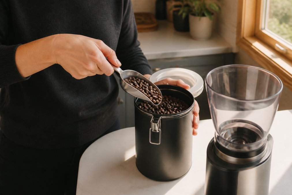 Hands carefully scooping whole coffee beans from an airtight vacuum-sealed canister into a grinder on a clean kitchen countertop, warm natural light streaming from a nearby window