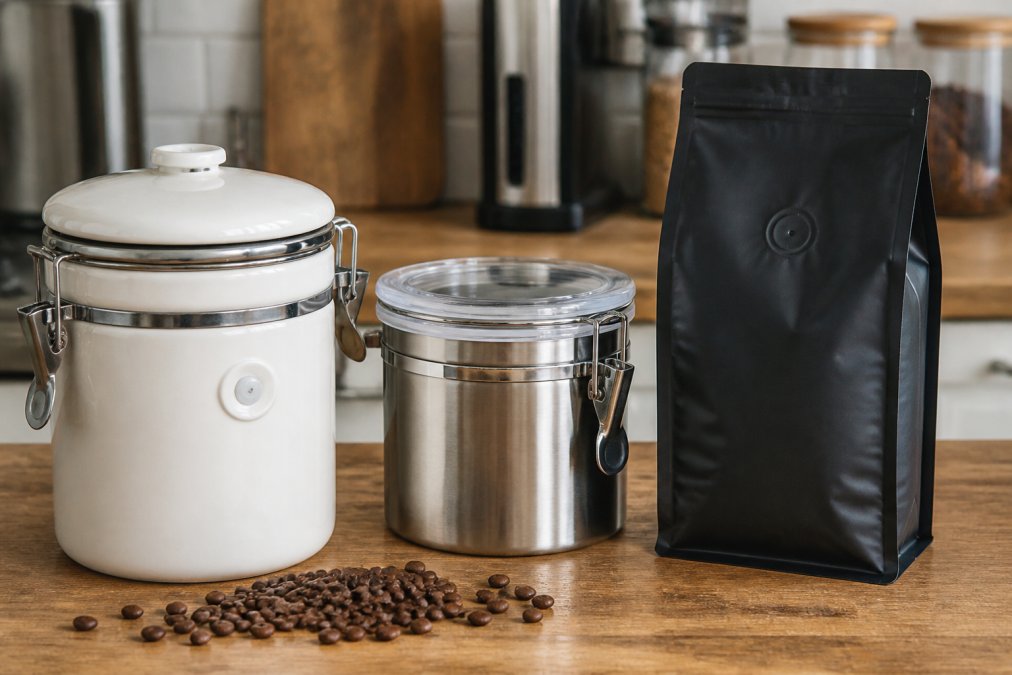 Close-up of various coffee storage containers including a ceramic canister with one-way valve, stainless steel airtight jar, and opaque vacuum-sealed bag arranged on a kitchen counter with scattered whole coffee beans