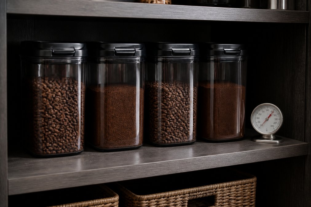 Well-organized kitchen pantry shelf displaying properly stored coffee in opaque airtight containers positioned away from direct sunlight and heat sources, with a thermometer visible on the shelf and darker interior lighting