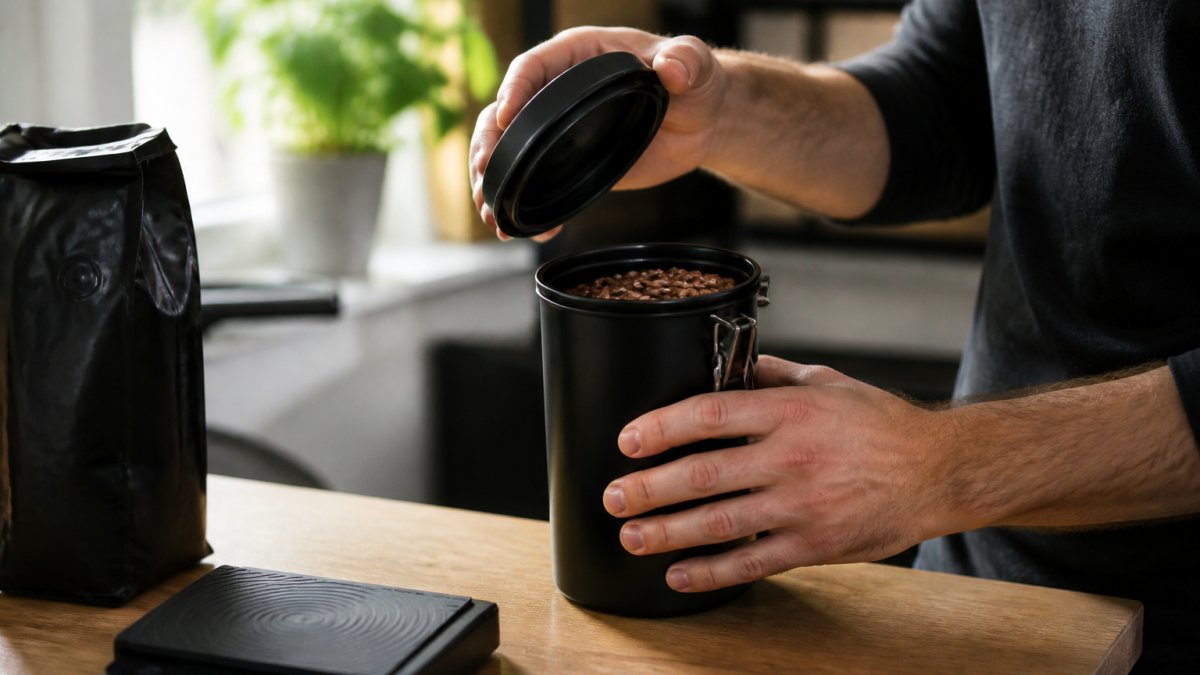 A person's hands opening a matte black airtight coffee canister on a kitchen counter, with a bag of whole bean coffee and a digital scale nearby in soft natural light