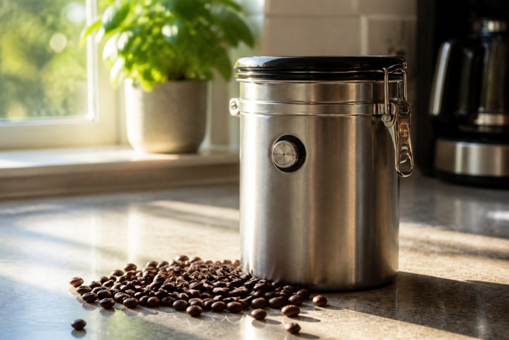 A stainless steel coffee canister with a one-way valve sitting on a kitchen counter, whole roasted coffee beans scattered on the surface beside it, soft morning light coming from a nearby window