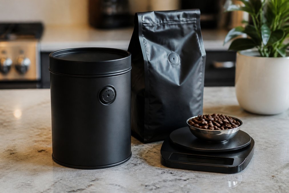 A close-up of a matte black airtight coffee canister with a one-way valve on a kitchen counter, next to a bag of whole bean coffee and a digital scale