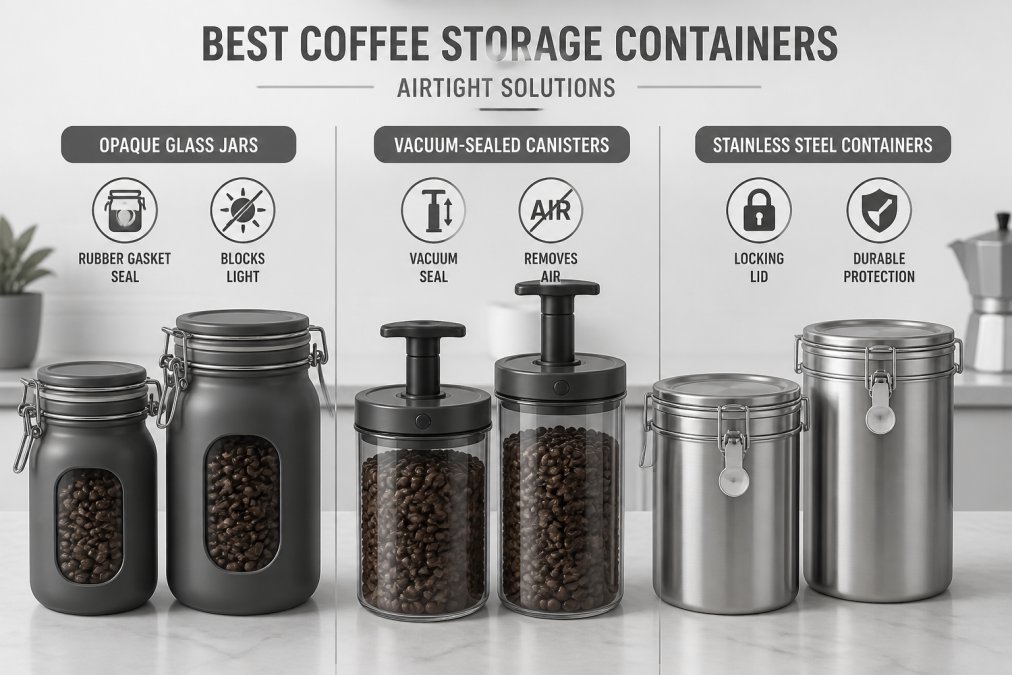 Close-up of various airtight coffee storage containers on a kitchen counter, showing opaque glass jars with rubber gasket seals, vacuum-sealed canisters with hand pumps, and stainless steel containers with locking lids, with whole roasted beans visible inside some containers