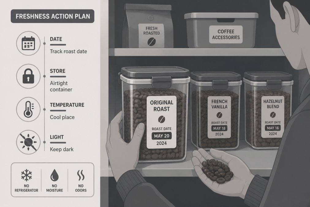 Home coffee setup showing a person organizing freshly roasted coffee beans into labeled airtight storage containers in a cool, dark pantry, with a roast date label visible on the container and a hand holding whole beans