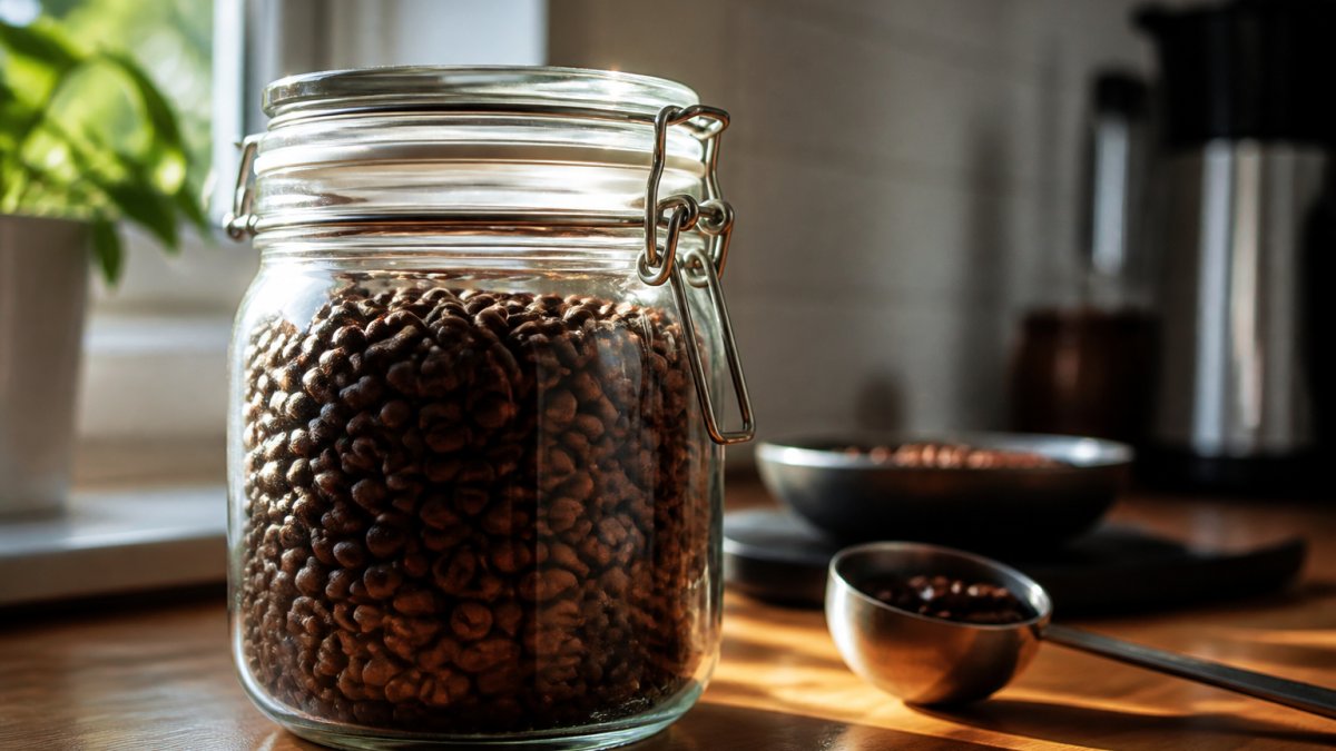 Close-up of freshly roasted coffee beans in an airtight glass container on a kitchen counter with morning sunlight filtering through a nearby window