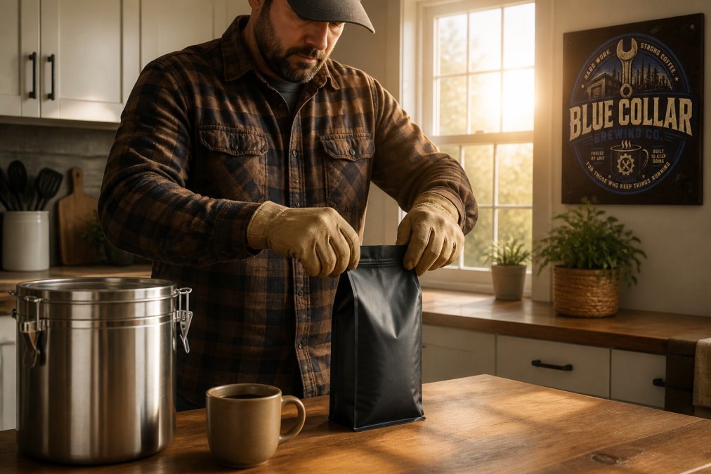 A construction worker in a flannel shirt and work gloves opening an opaque coffee bag on a kitchen counter at dawn, a stainless steel vacuum canister and a mug nearby, warm morning light through the window