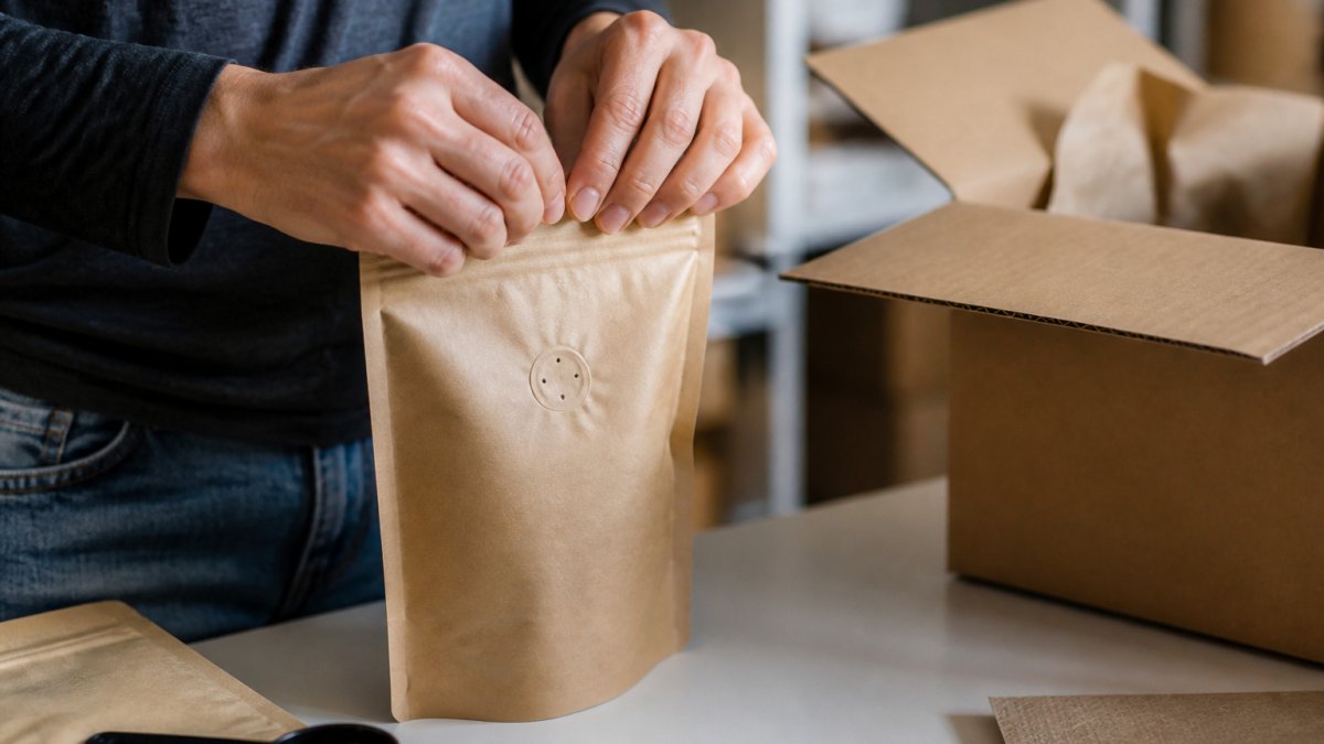 Diagram showing the process of sealing a kraft coffee bag with a degassing valve and barrier film for shipping