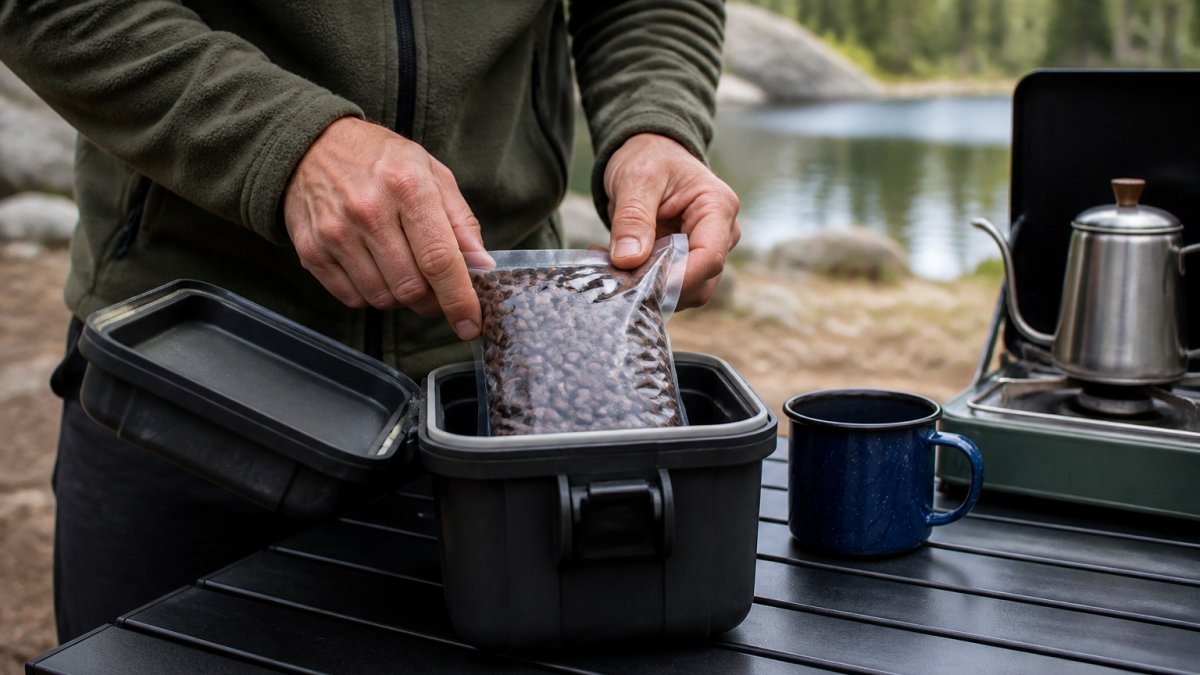 A camper's hands packing a vacuum-sealed bag of coffee beans into a hard-sided storage container on a camp table, with an enamel mug and camp stove visible in the background