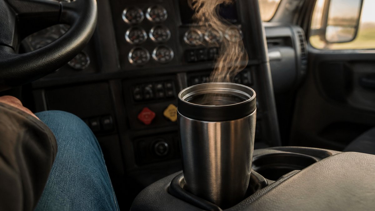 Close-up of a stainless steel travel mug with steam rising, sitting in a truck cup holder, dashboard visible, morning light