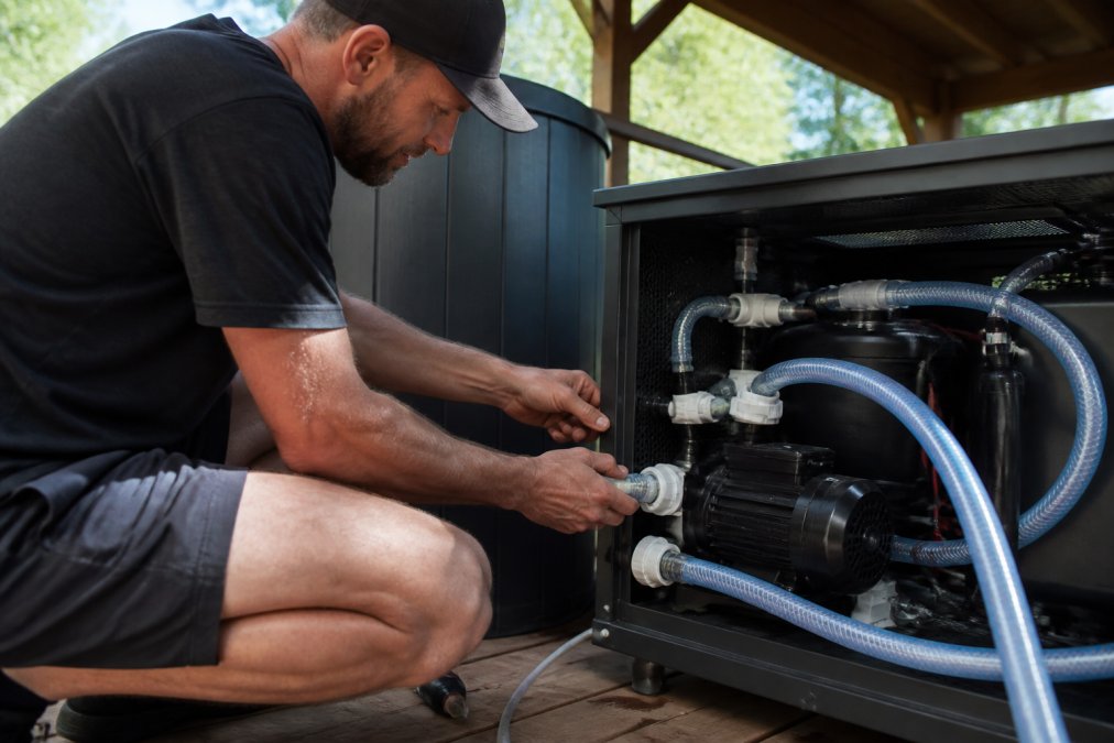 Professional technician inspecting circulation pump and hoses on cold plunge system with water flowing visibly through transparent tubing, hands adjusting connections in bright outdoor setting
