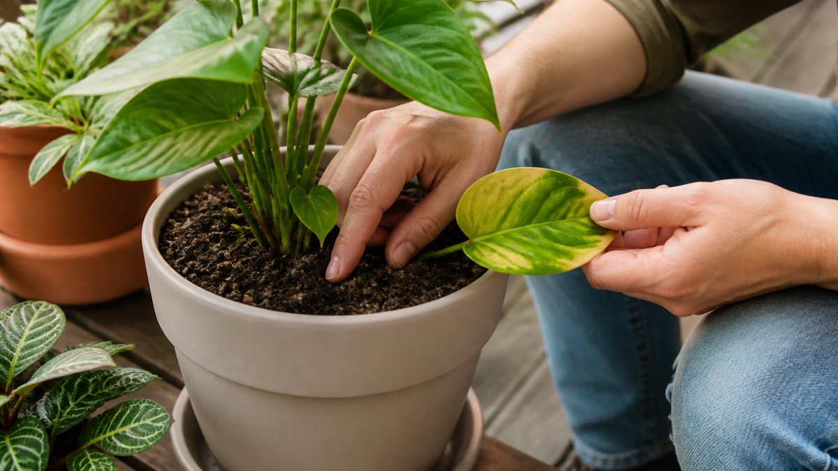 Close-up of hands examining a potted plant's leaves and soil, checking moisture levels and inspecting for signs of overwatering or stress
