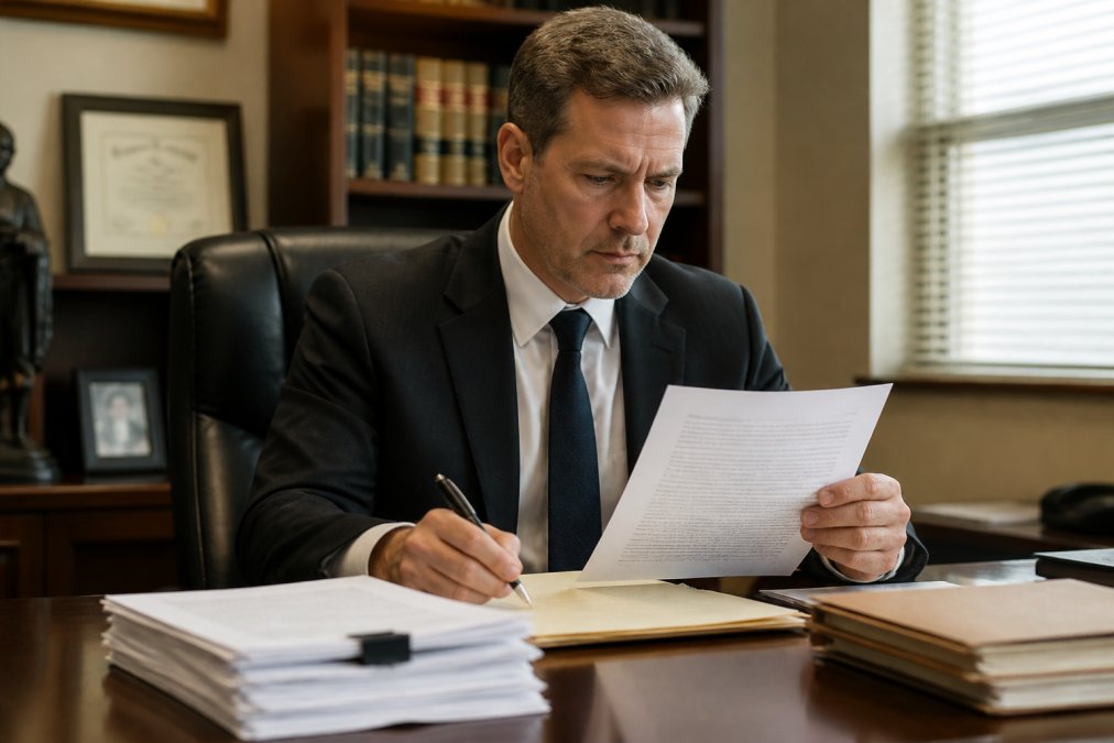 A person reviewing a background check report at a desk with a laptop and legal documents, looking concerned but focused
