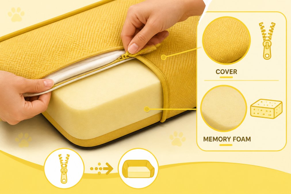 Close-up of hands carefully unzipping a removable dog bed cover from the memory foam pad, showing the zipper separation and the contrast between the soft fabric cover and the underlying foam core