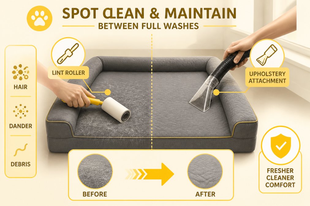 Person using a lint roller and upholstery attachment vacuum on a gray orthopedic dog bed to remove pet hair and dander, with natural window lighting showing the debris being removed