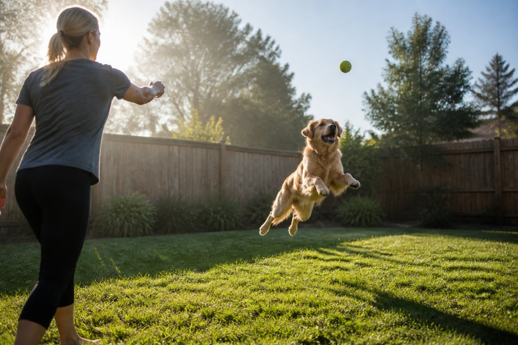 Dog owner throwing a tennis ball for their golden retriever in a sunny backyard on an early morning, dog mid-leap with focused expression