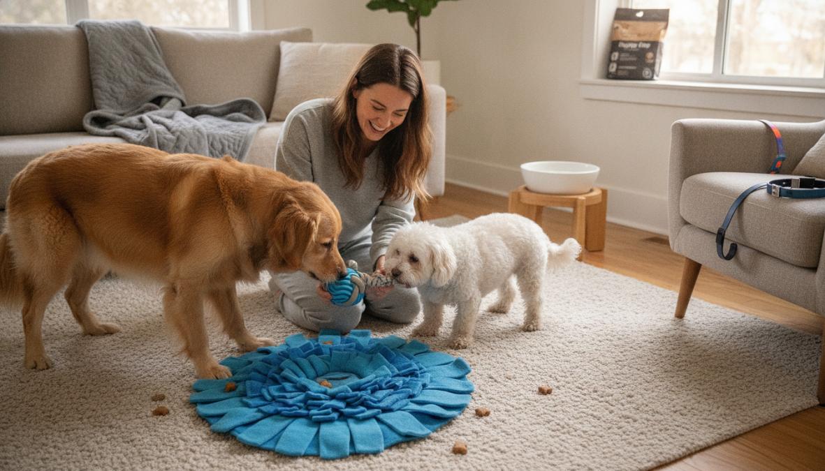 A dog playing tug-of-war with a person in a living room, both engaged and happy, with soft natural light from windows