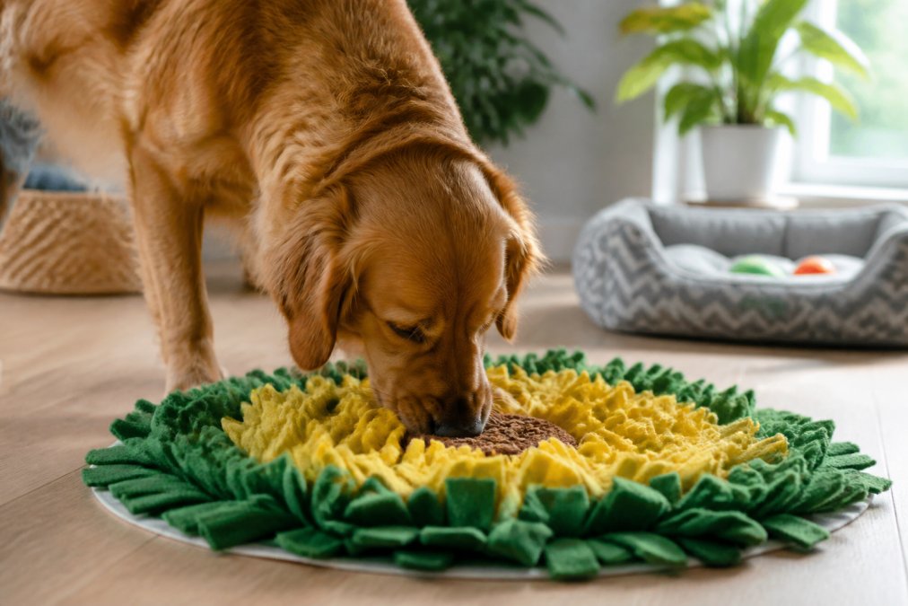 Curious dog nose-first into a snuffle mat, actively searching and sniffing through fabric folds with treats hidden inside, in natural daylight from a window