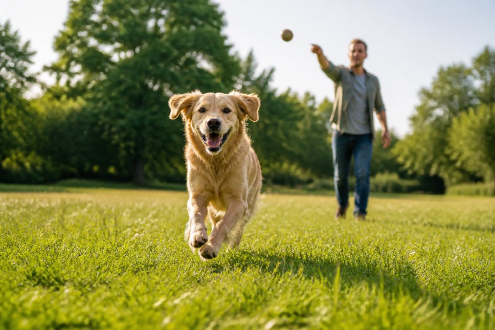 Energetic dog running through grass or playing fetch outdoors in bright morning sunlight, with owner visible in the background throwing a ball or stick