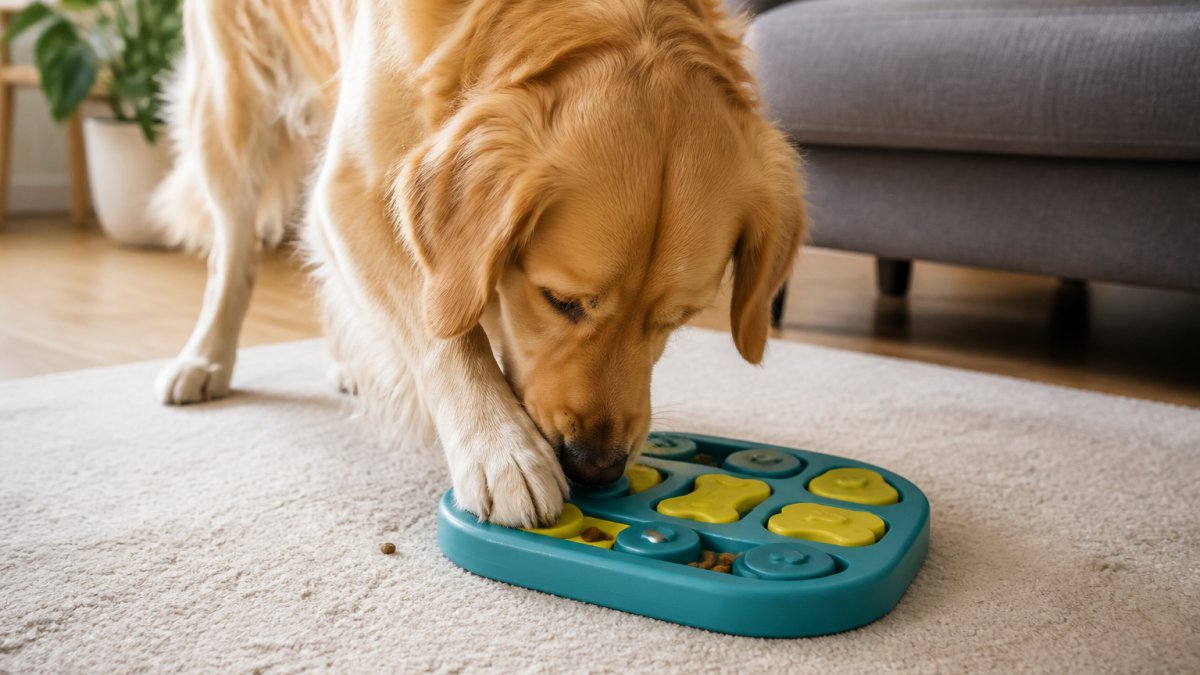 A curious golden retriever actively engaging with a puzzle feeder toy, sniffing and manipulating it with its paws to retrieve treats, showing focused concentration and enjoyment in a bright home setting