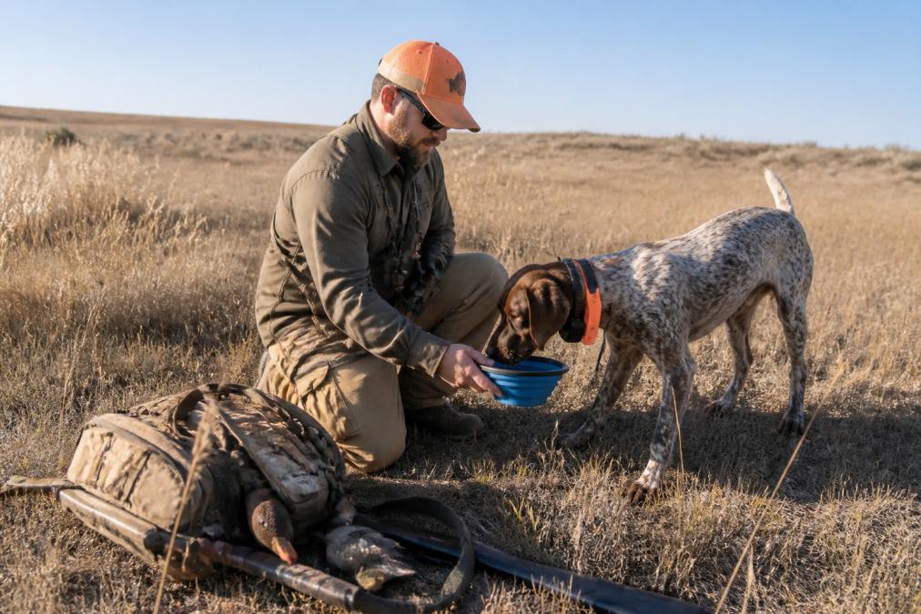 A hunter kneeling in an open field offering a collapsible water bowl to an alert bird dog, with hunting gear and a backpack visible nearby on a sunny day