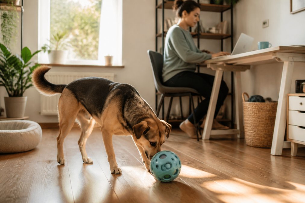 Medium-sized dog pushing a rolling interactive treat toy across a sunlit living room floor while an owner works nearby.